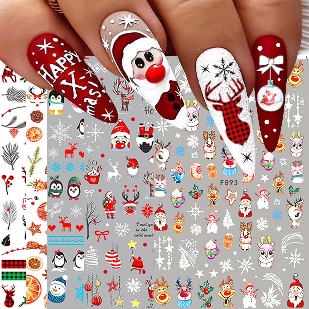 10 Sheets Christmas Nail Art Stickers Decals Self-Adhesive Pegatinas Uñas Navidad Snowflake Snowman Nail Supplies Holiday Nail Art Design Decoration Accessories