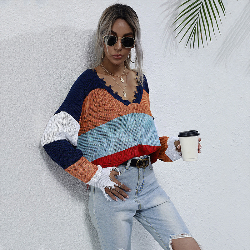 Contrasting Color V-neck Irregular Distressed Sweater