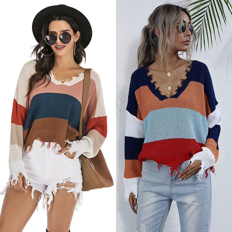 Contrasting Color V-neck Irregular Distressed Sweater