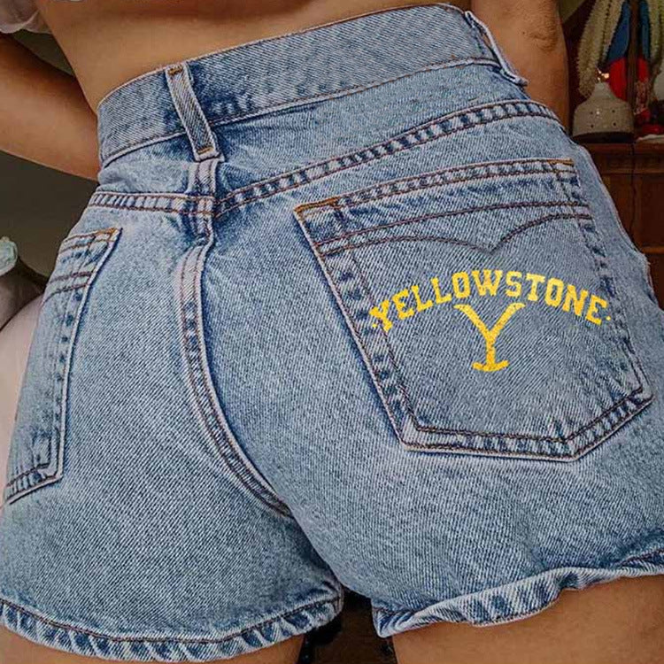 Slimming Ripped Women's Jean Shorts with Print Design